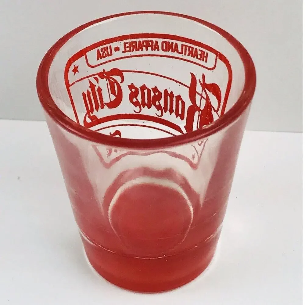 Heartland Apparel Kansas City Shot Glass Whiskey Souvenir Red Bottom RARE